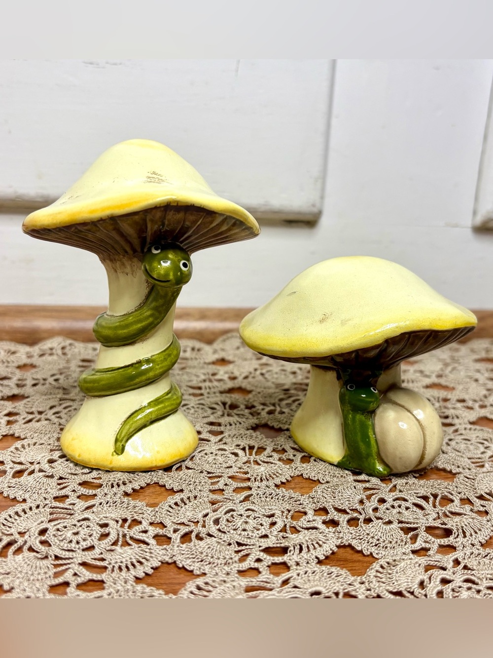Vintage Japan Mushroom Snail and Worm Figurines Set of Two
